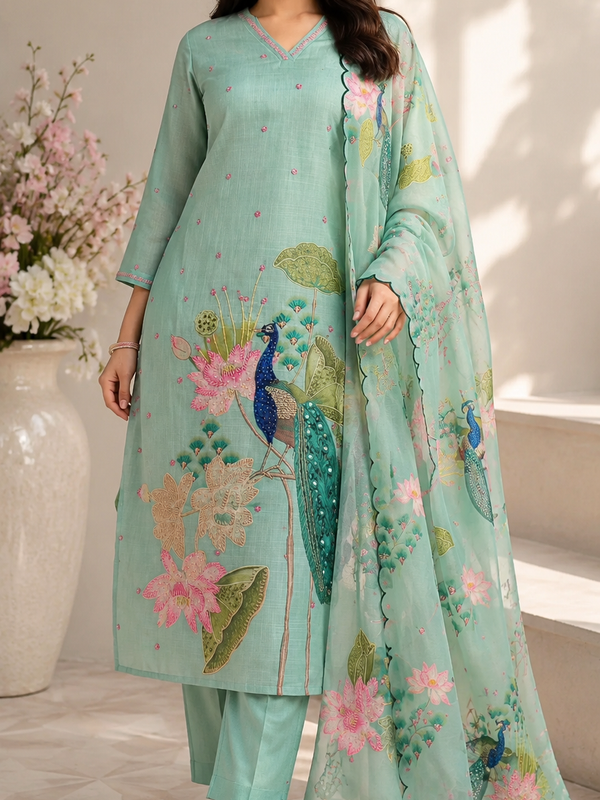 Mint Green Peacock Floral Printed Kurta Pant Dupatta Set for Women