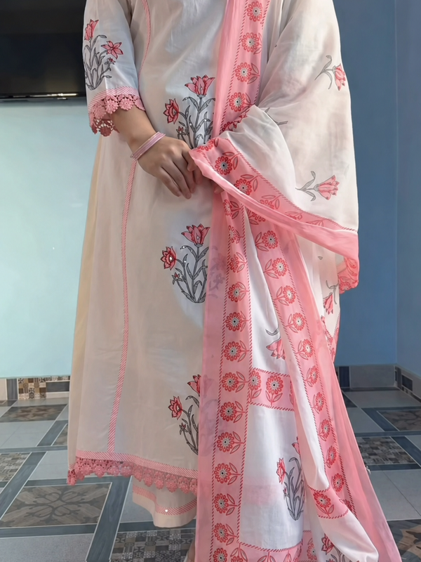 Elegant Blush Pink Floral Printed Cotton Suit Set with Dupatta