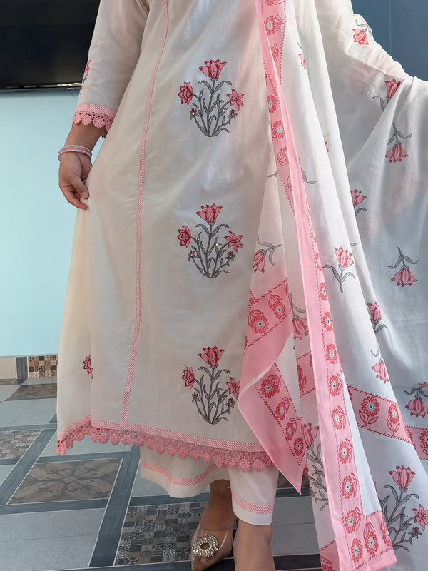 Elegant Blush Pink Floral Printed Cotton Suit Set with Dupatta