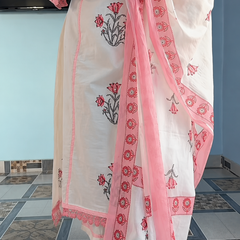 Elegant Blush Pink Floral Printed Cotton Suit Set with Dupatta