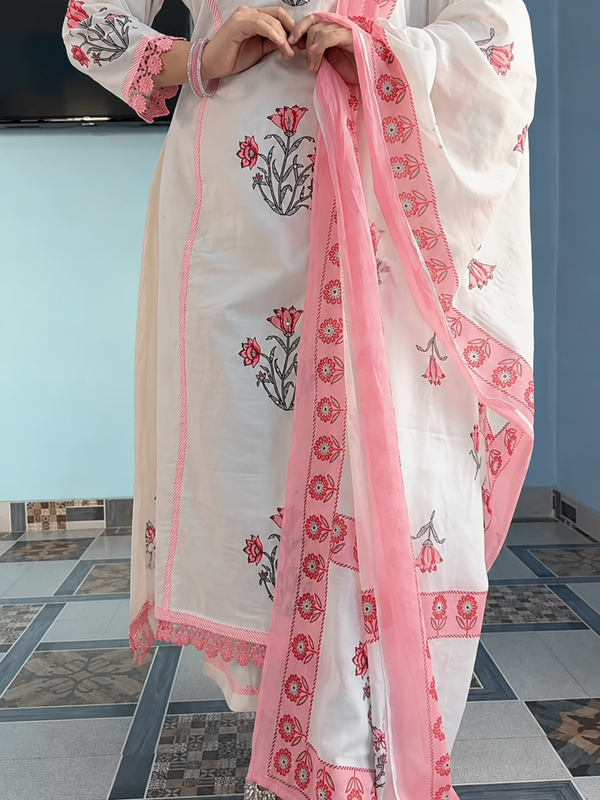 Elegant Blush Pink Floral Printed Cotton Suit Set with Dupatta