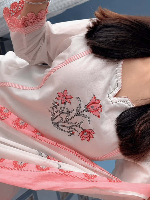 Elegant Blush Pink Floral Printed Cotton Suit Set with Dupatta