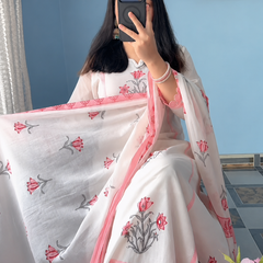 Elegant Blush Pink Floral Printed Cotton Suit Set with Dupatta