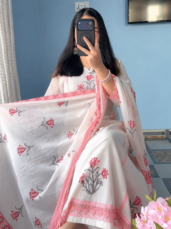 Elegant Blush Pink Floral Printed Cotton Suit Set with Dupatta