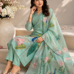 Mint Green Peacock Floral Printed Kurta Pant Dupatta Set for Women