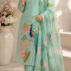 Mint Green Peacock Floral Printed Kurta Pant Dupatta Set for Women