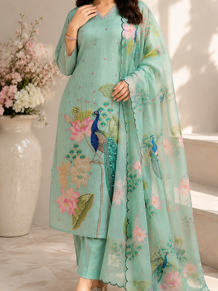 Mint Green Peacock Floral Printed Kurta Pant Dupatta Set for Women