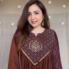 Women's Coffee Brown Embroidered Anarkali Kurta Set with Dupatta