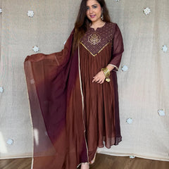 Women's Coffee Brown Embroidered Anarkali Kurta Set with Dupatta