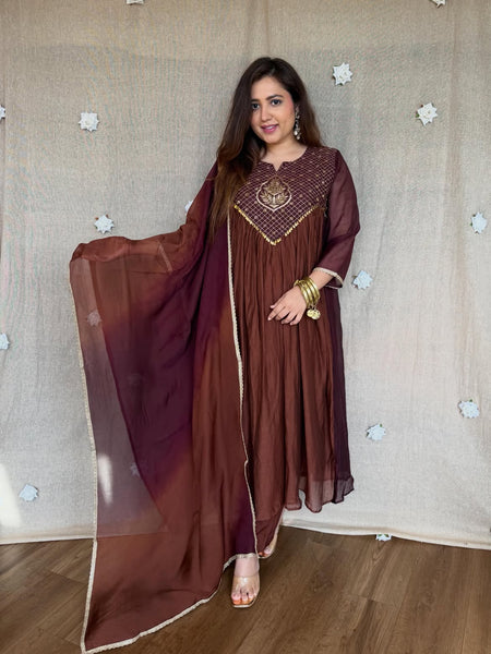 Women's Pink & Orange Ombre Embroidered Anarkali Kurta Set with Dupatta