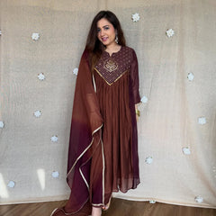 Women's Coffee Brown Embroidered Anarkali Kurta Set with Dupatta