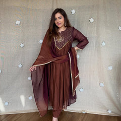 Women's Coffee Brown Embroidered Anarkali Kurta Set with Dupatta