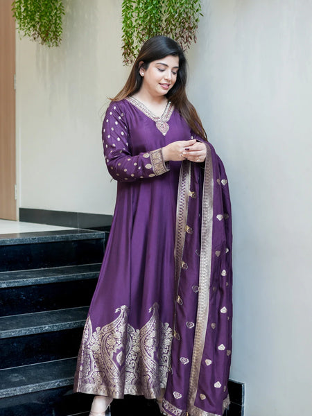 Regal Embroidered Anarkali Dress Set with Zari Dupatta