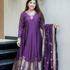 Regal Embroidered Anarkali Dress Set with Zari Dupatta