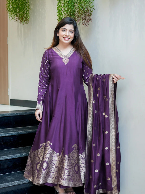 Regal Embroidered Anarkali Dress Set with Zari Dupatta