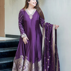 Regal Embroidered Anarkali Dress Set with Zari Dupatta