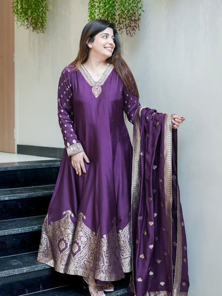 Regal Embroidered Anarkali Dress Set with Zari Dupatta
