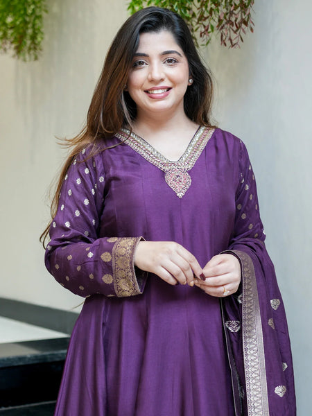 Regal Embroidered Anarkali Dress Set with Zari Dupatta