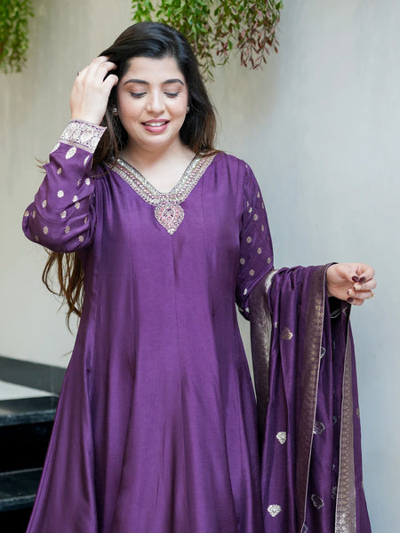 Regal Embroidered Anarkali Dress Set with Zari Dupatta