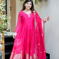Regal Embroidered Anarkali Dress Set with Zari Dupatta