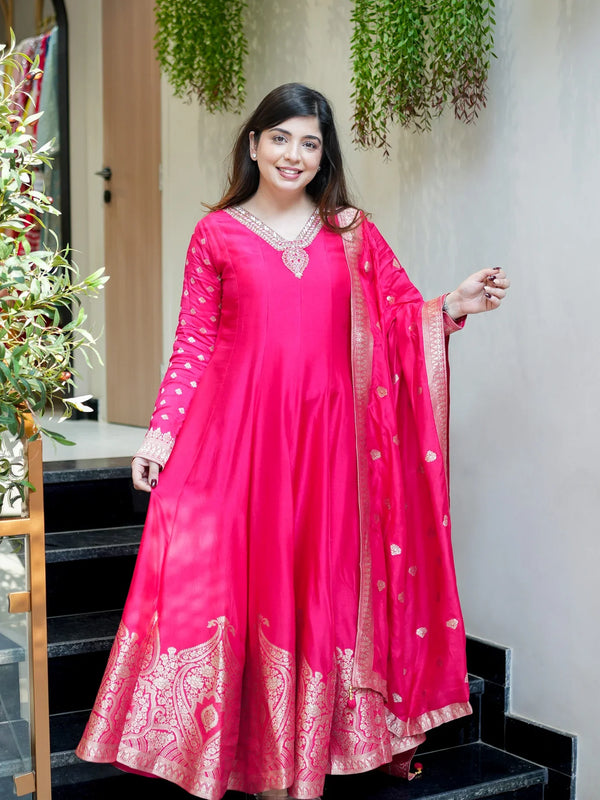 Regal Embroidered Anarkali Dress Set with Zari Dupatta