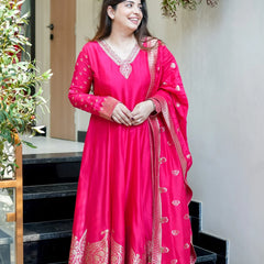 Regal Embroidered Anarkali Dress Set with Zari Dupatta