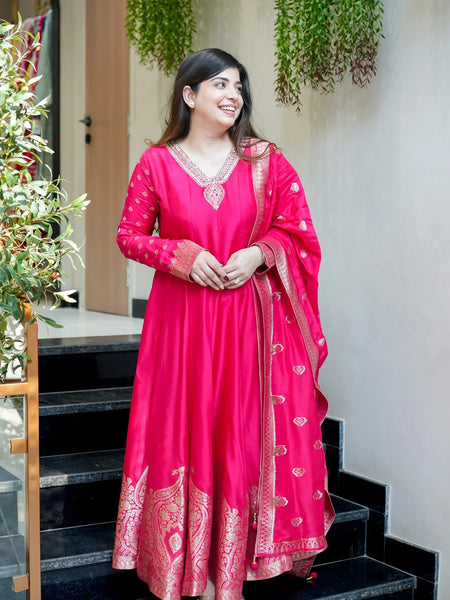 Regal Embroidered Anarkali Dress Set with Zari Dupatta