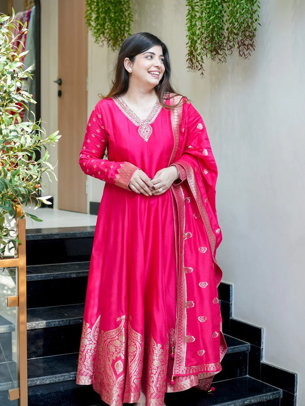 Regal Embroidered Anarkali Dress Set with Zari Dupatta