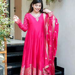 Regal Embroidered Anarkali Dress Set with Zari Dupatta