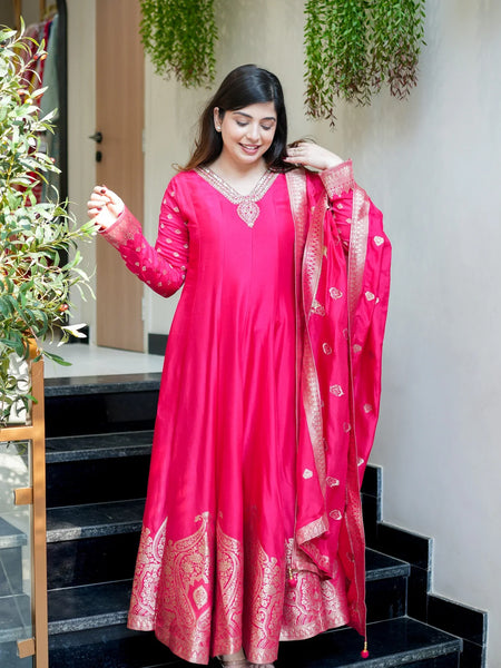 Regal Embroidered Anarkali Dress Set with Zari Dupatta