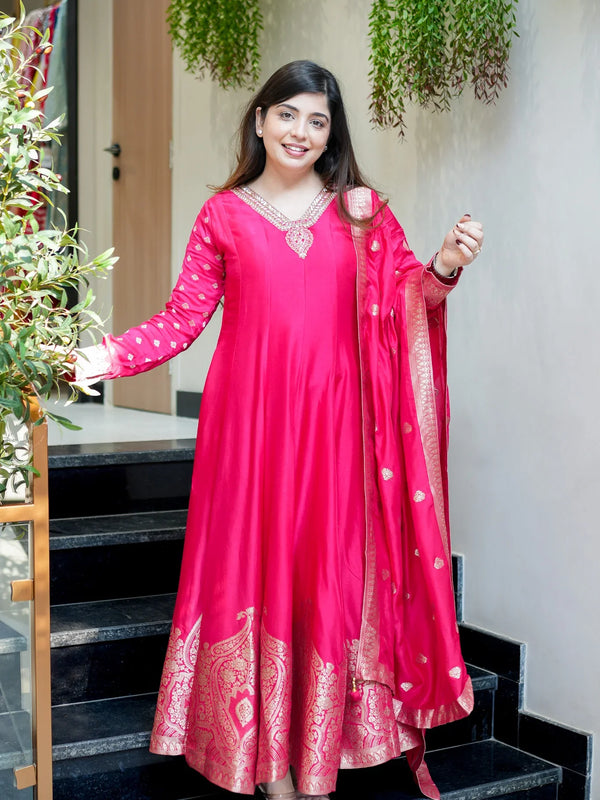 Regal Embroidered Anarkali Dress Set with Zari Dupatta