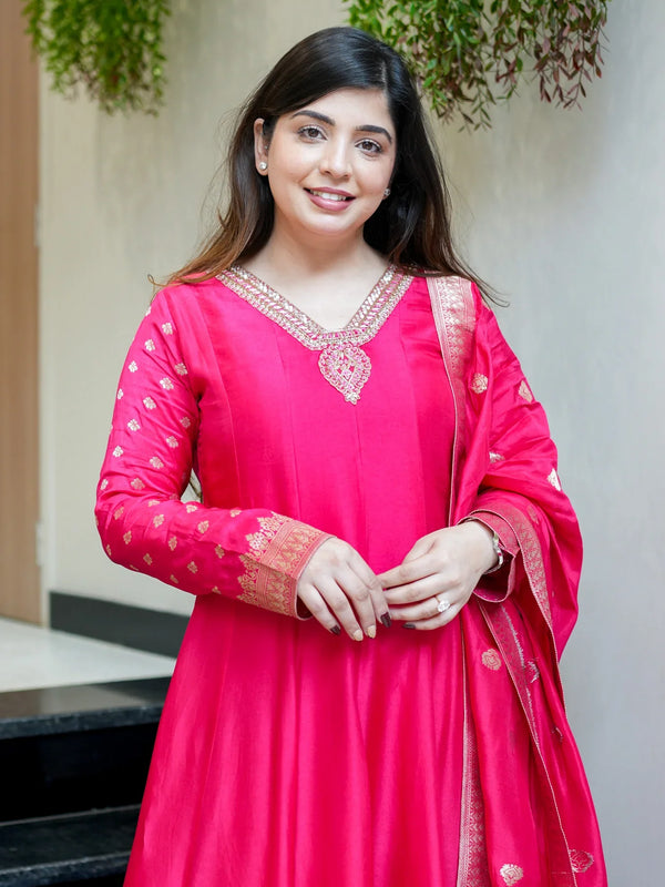 Regal Embroidered Anarkali Dress Set with Zari Dupatta