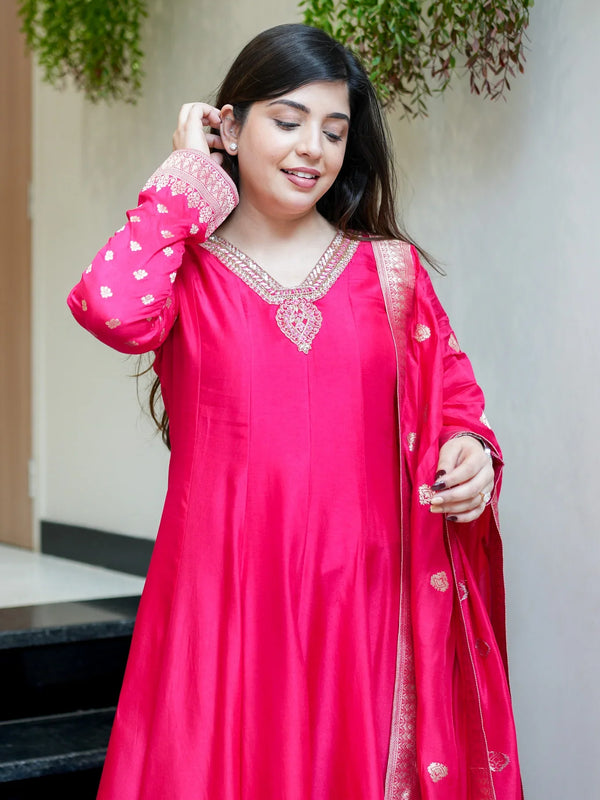 Regal Embroidered Anarkali Dress Set with Zari Dupatta