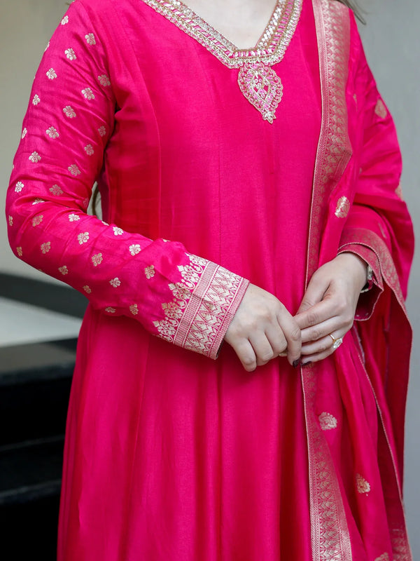 Regal Embroidered Anarkali Dress Set with Zari Dupatta