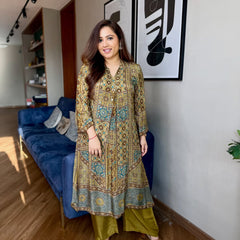 Women's Premium Ajrakh Printed Straight Kurta with Solid Pants