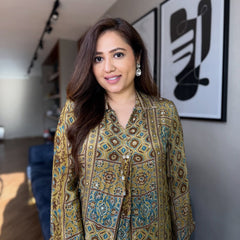 Women's Premium Ajrakh Printed Straight Kurta with Solid Pants