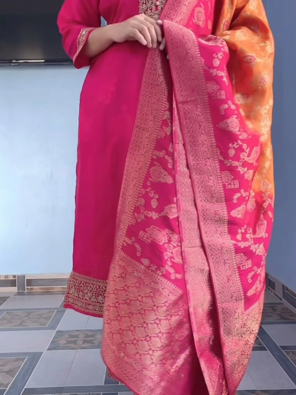 Fuchsia Pink Embroidered Silk Salwar Suit with Banarasi Silk Dupatta