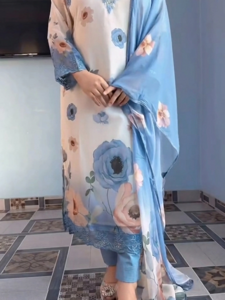 Elegant Floral Print Chiffon Salwar Kameez Set