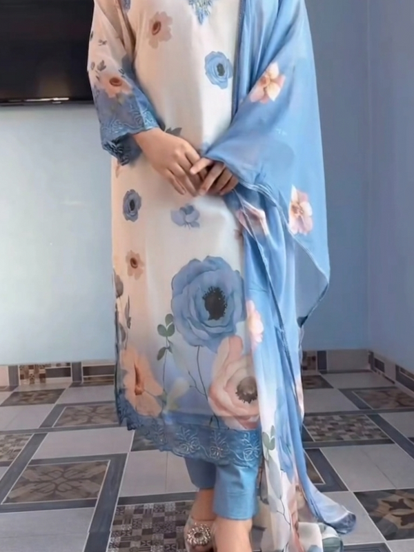 Elegant Floral Print Chiffon Salwar Kameez Set
