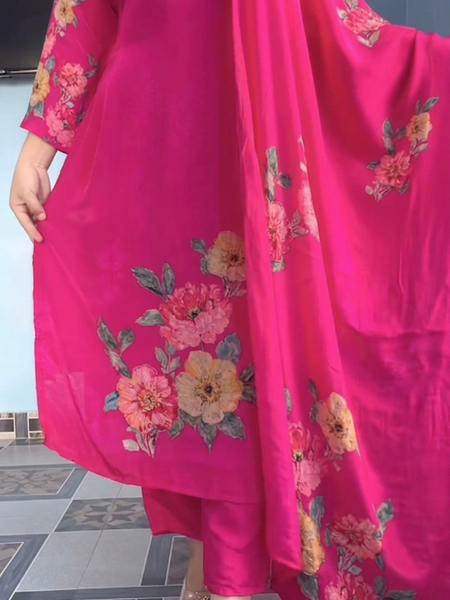 Elegant Pink Floral Printed Anarkali Suit Set with Dupatta