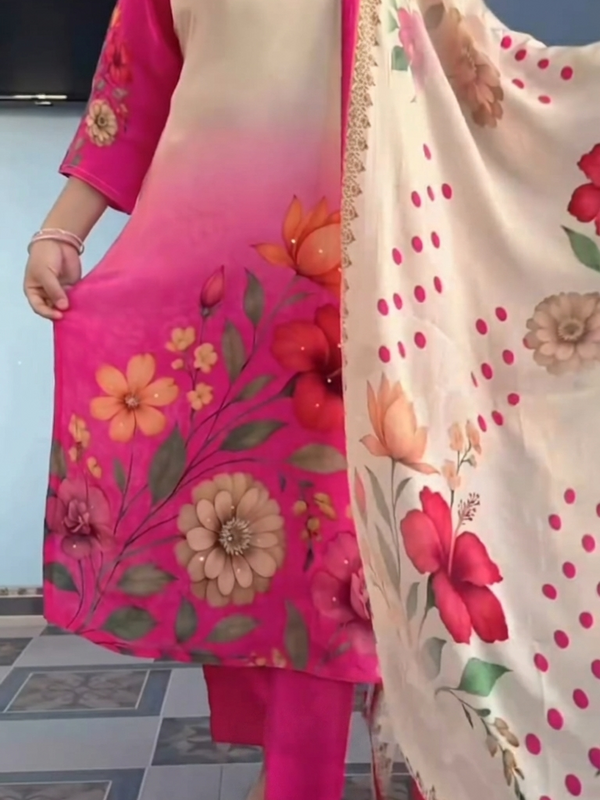 Elegant Pink Floral Printed Kurta Pant Dupatta Set for Women