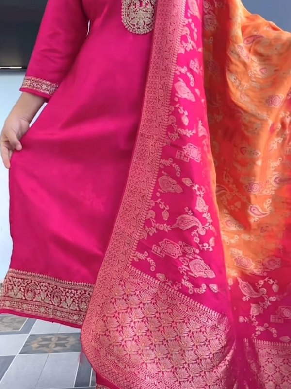 Fuchsia Pink Embroidered Silk Salwar Suit with Banarasi Silk Dupatta