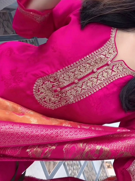 Fuchsia Pink Embroidered Silk Salwar Suit with Banarasi Silk Dupatta
