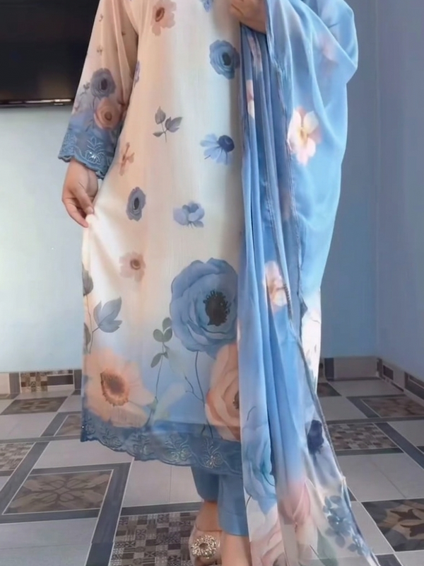 Elegant Floral Print Chiffon Salwar Kameez Set