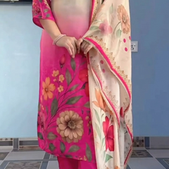 Elegant Pink Floral Printed Kurta Pant Dupatta Set for Women