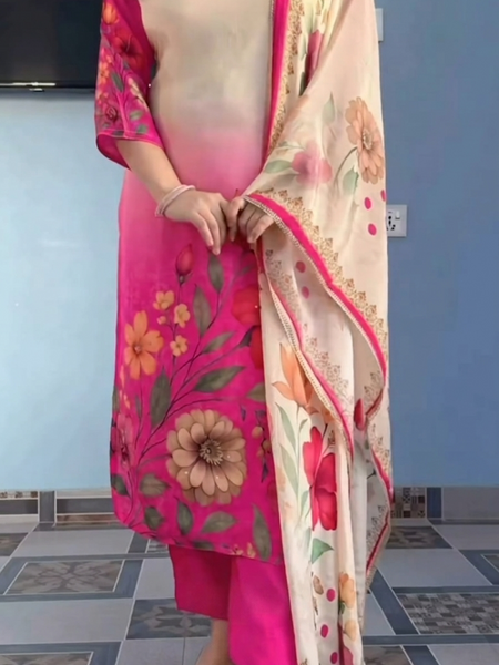 Elegant Pink Floral Printed Kurta Pant Dupatta Set for Women
