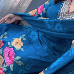 Elegant Deep Blue Floral Printed Anarkali Suit Set with Dupatta