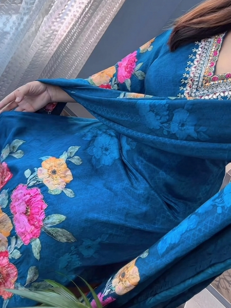 Elegant Deep Blue Floral Printed Anarkali Suit Set with Dupatta