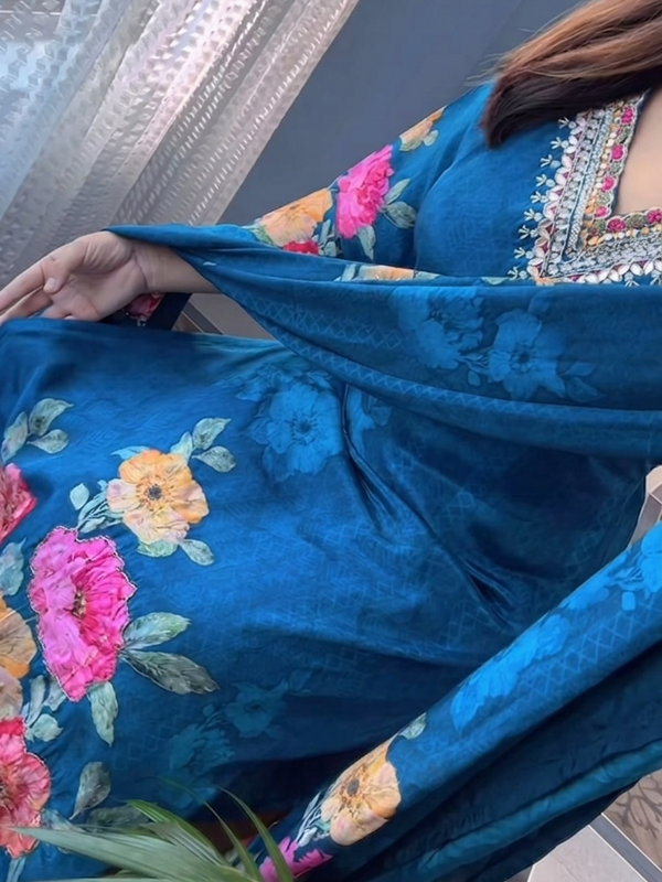 Elegant Deep Blue Floral Printed Anarkali Suit Set with Dupatta