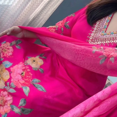 Elegant Deep Blue Floral Printed Anarkali Suit Set with Dupatta